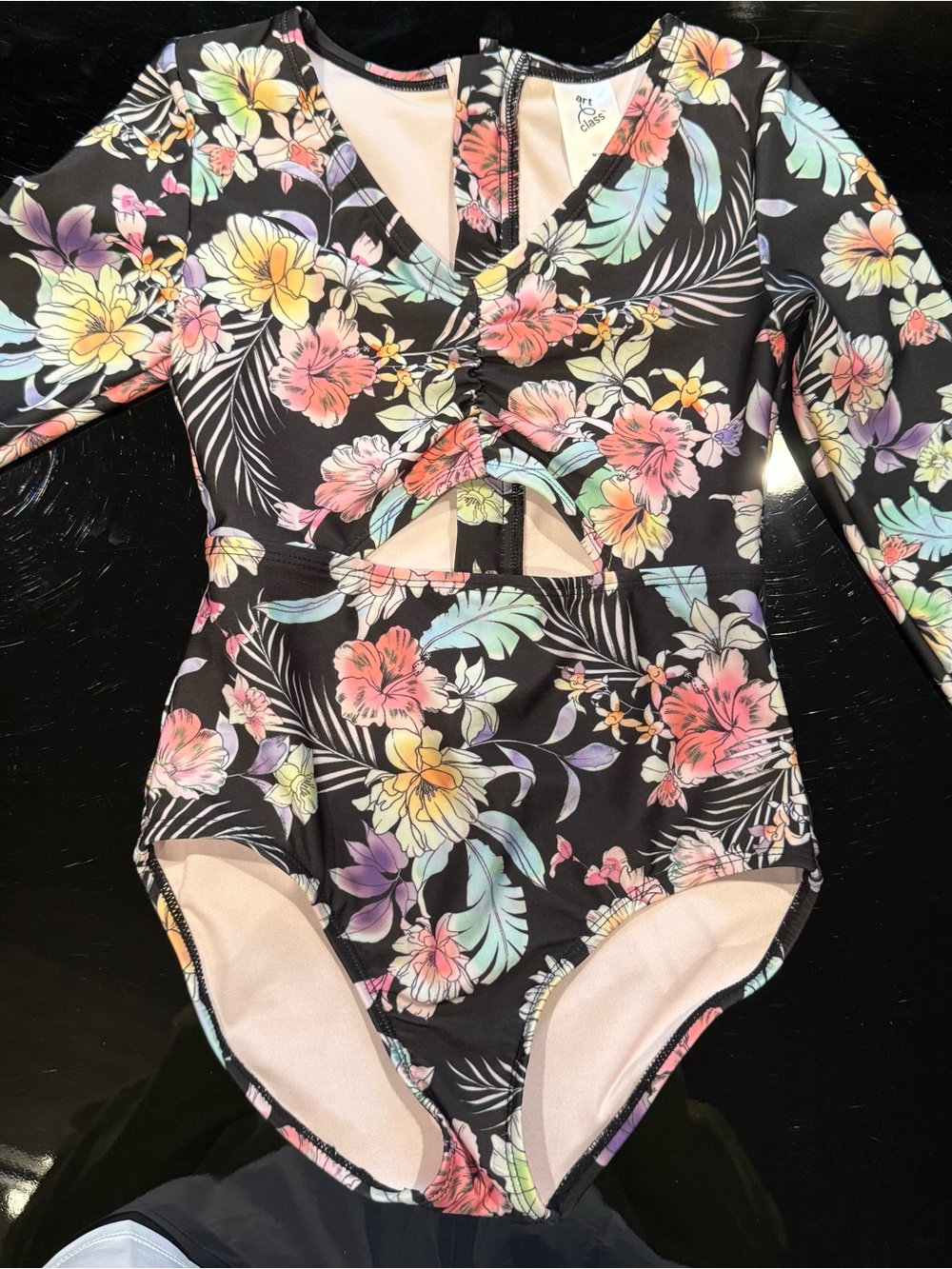 Girls’ Floral Cutout Long Sleeve One-Piece Swimsuit